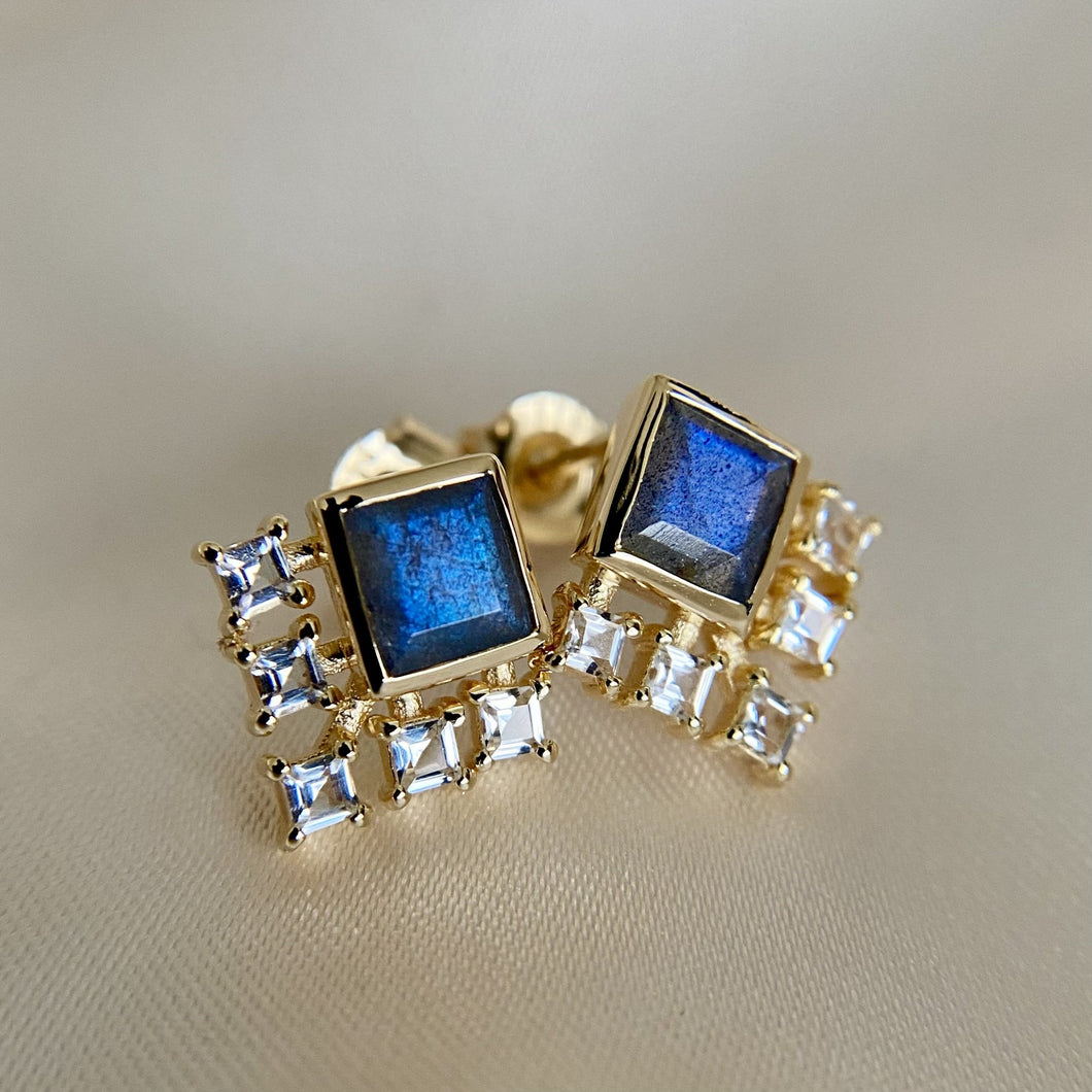 Elsa | Labradorite and White Topaz Stud in Gold Vermeil Earrings